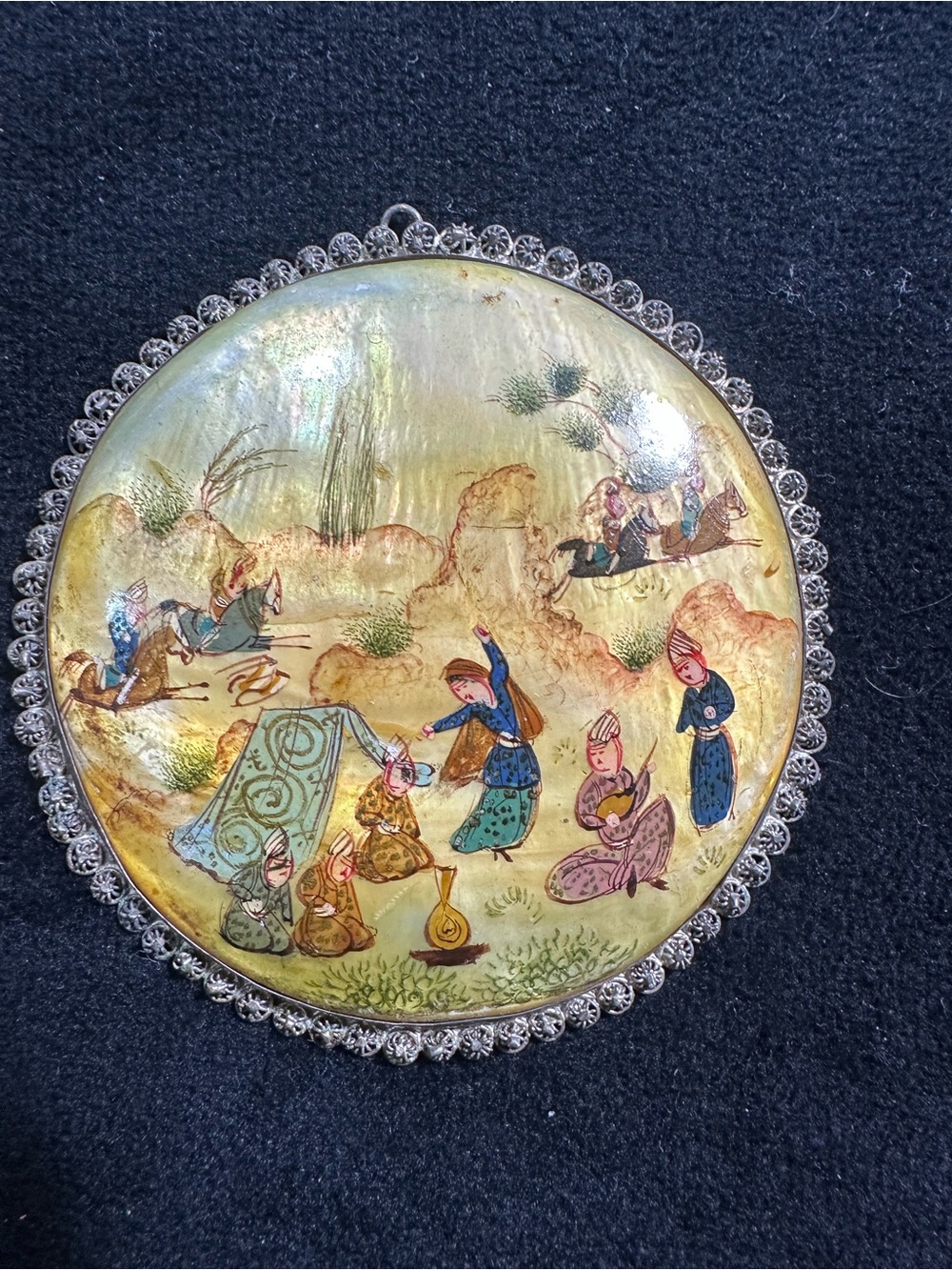 Vtg: Large Persian Mother of Pearl Hand Painted collectors Pendant